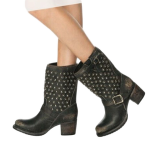 FRYE Vera Studded Black Leather Mid-Calf Boots